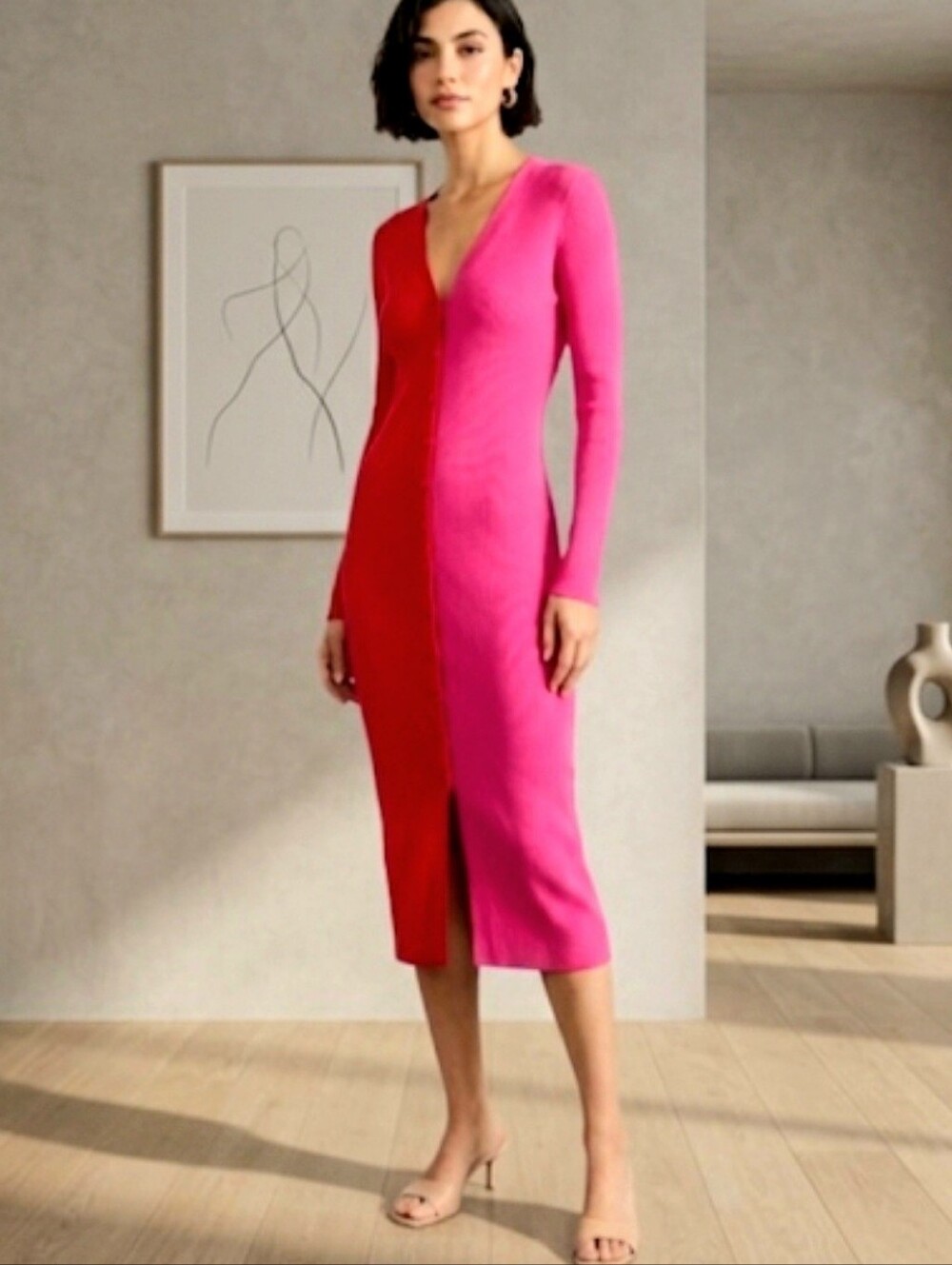 Nanette Lepore Colorblock Ribbed Knit Midi Dress Long Sleeves Size Large